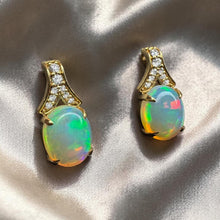 Load image into Gallery viewer, Opal Diamond Drop Earrings in 18K Gold, Natural 3.64ct Orion Opal Designer Chromia Dangle Earrings, October Birthstone Anniversary Gift Wife

