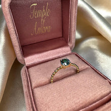 Load image into Gallery viewer, Teal Sapphire Ring in 14K Yellow Gold – .75ct Untreated Unheated Natural Greenish Blue Sapphire Round Cut Beaded Band Stacking Ring –Size 6

