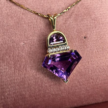 Load image into Gallery viewer, Natural Amethyst &amp; Diamond Necklace in 14K Gold -17" Chain Retro Circa 1980's Contemporary Estate 4.4g February Birthstone Fine Jewelry
