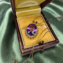 Load image into Gallery viewer, Natural Amethyst &amp; Halo Diamond Necklace – 14K Gold – 20" – Large 4.5ct Oval Cut – Vintage Estate – 3.8g –February Birthstone – Fine Jewelry
