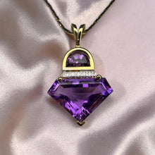 Load image into Gallery viewer, Natural Amethyst &amp; Diamond Necklace in 14K Gold -17" Chain Retro Circa 1980's Contemporary Estate 4.4g February Birthstone Fine Jewelry
