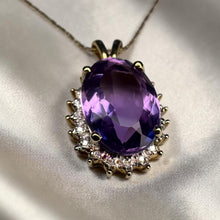 Load image into Gallery viewer, Natural Amethyst &amp; Halo Diamond Necklace – 14K Gold – 20" – Large 4.5ct Oval Cut – Vintage Estate – 3.8g –February Birthstone – Fine Jewelry

