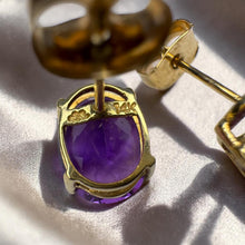 Load image into Gallery viewer, Vintage- 14K Gold Natural Amethyst Earrings Large 5CT T.W. Oval Cut Earth Mined African Amethyst 10mm Studs February Birthstone Estate
