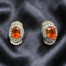 Load image into Gallery viewer, Mexican Fire Opal Diamond Earrings, 14K Yellow Gold Double Halo Drop Earrings 1.76CTTW Designer KHR, October Birthstone Anniversary Gift
