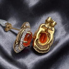 Load image into Gallery viewer, Mexican Fire Opal Diamond Earrings, 14K Yellow Gold Double Halo Drop Earrings 1.76CTTW Designer KHR, October Birthstone Anniversary Gift
