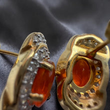Load image into Gallery viewer, Mexican Fire Opal Diamond Earrings, 14K Yellow Gold Double Halo Drop Earrings 1.76CTTW Designer KHR, October Birthstone Anniversary Gift
