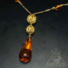 Load image into Gallery viewer, Solid 14k Yellow Gold Amber Necklace 16&quot; Antique Filigree Station Necklace 4.4g
