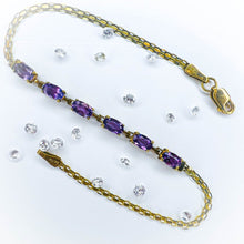 Load image into Gallery viewer, 10k Yellow Gold Vintage Amethyst Bracelet Bismark Link Chain 7.25&quot; Estate 3.6g
