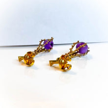 Load image into Gallery viewer, Antique 14k Yellow Gold Brutalist Amethyst Earrings Late Victorian Dangle Drop
