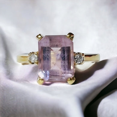 10k Yellow Gold Morganite Emerald Cut Ring Three Stone Past Present Future Engagement Ring Wedding Ring Vintage Genuine Morganite Natural Gemstones Solid Gold Fine Jewelry Temple of Amara Antique Jewelry Vintage Rings Pink Rings Diamond Ring Real Diamond Rings 